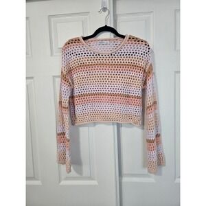Arizona Jean Co Womens Small Striped Open Knit Crochet Cropped Sweater Pastel